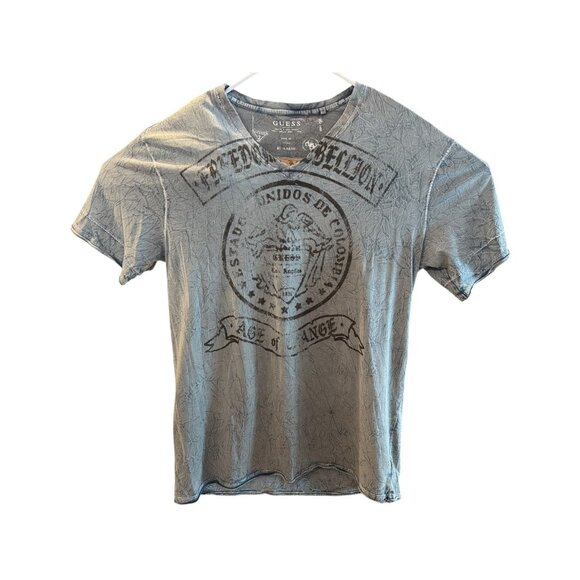 GUESS Denim Rebellion Distressed Graphic T-Shirt Blue Crinkle Wash XL Streetwear - Picture 1 of 9